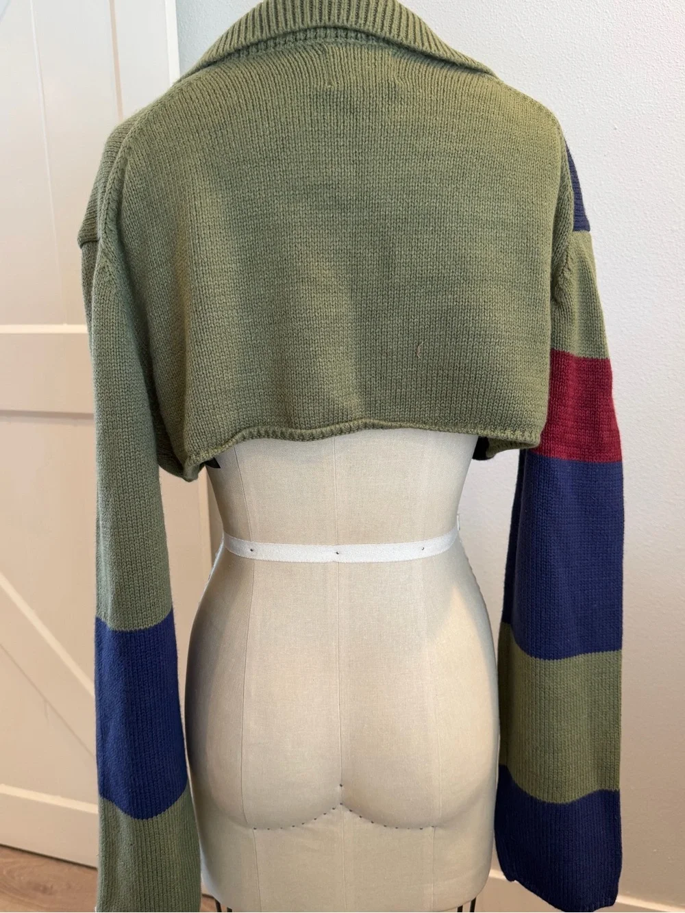 BDG Olive Green & Navy Cropped Colorblock Cardigan - Picture 3 of 4